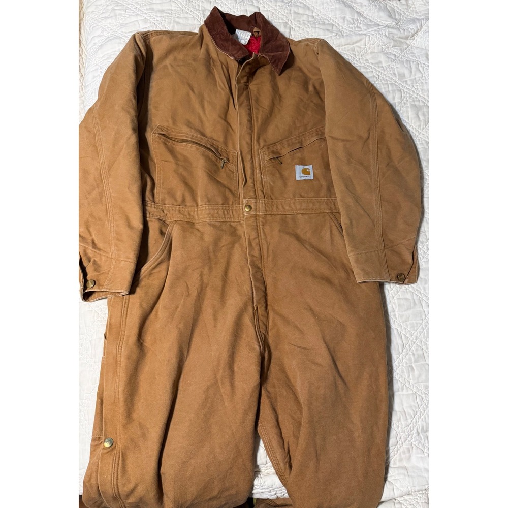 Carhartt X01 BRN Quilt Lined Duck Canvas Coveralls Mens 46 Short Brown USA